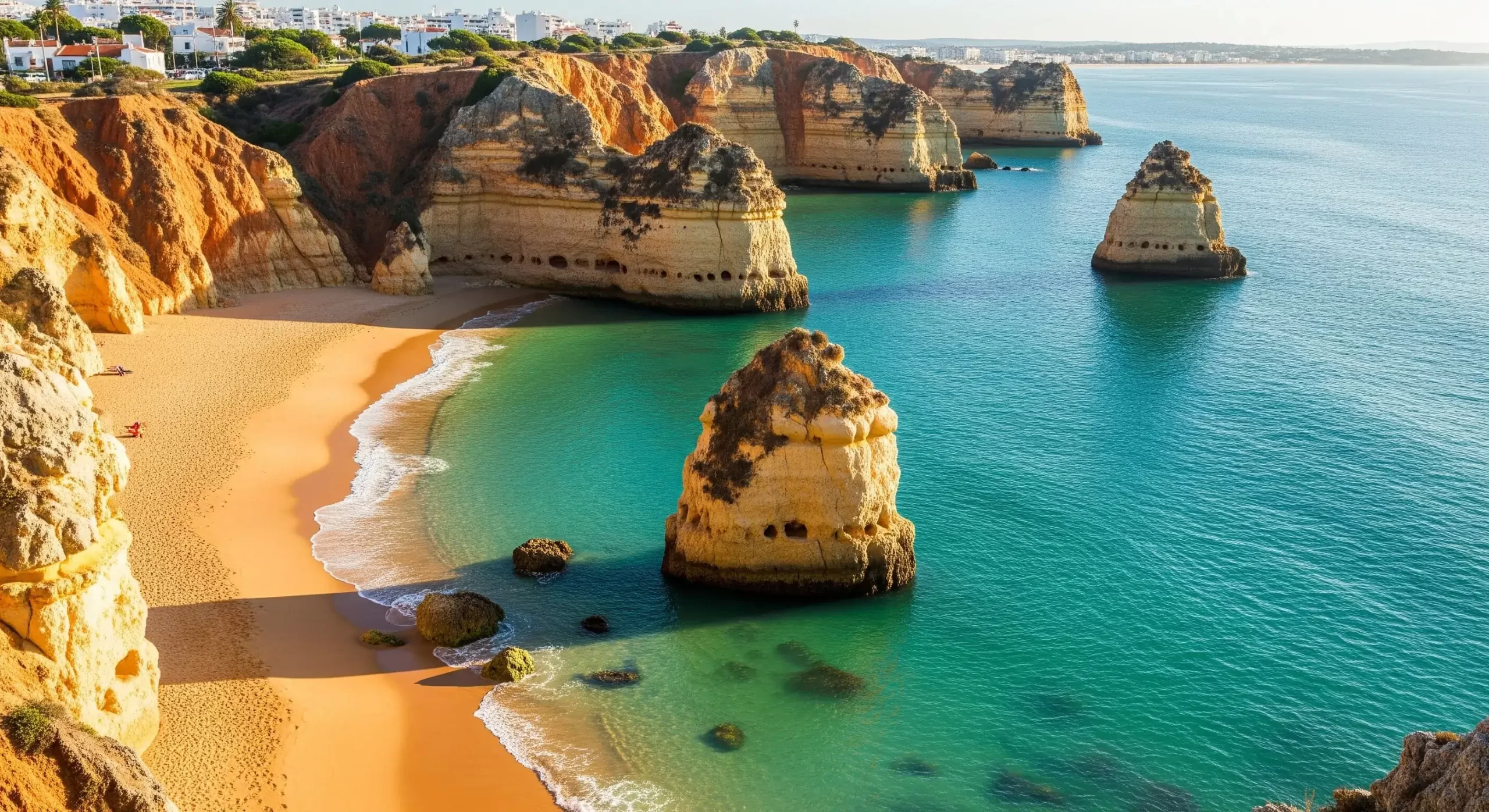 A stunning view of the iconic golden cliffs and sea stacks of an Albufeira beach, with turquoise water lapping the sandy shore under a sunny sky.