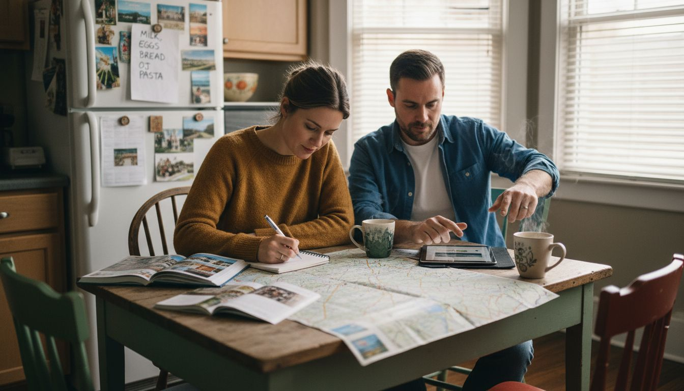 Couple planning trip at cozy kitchen table