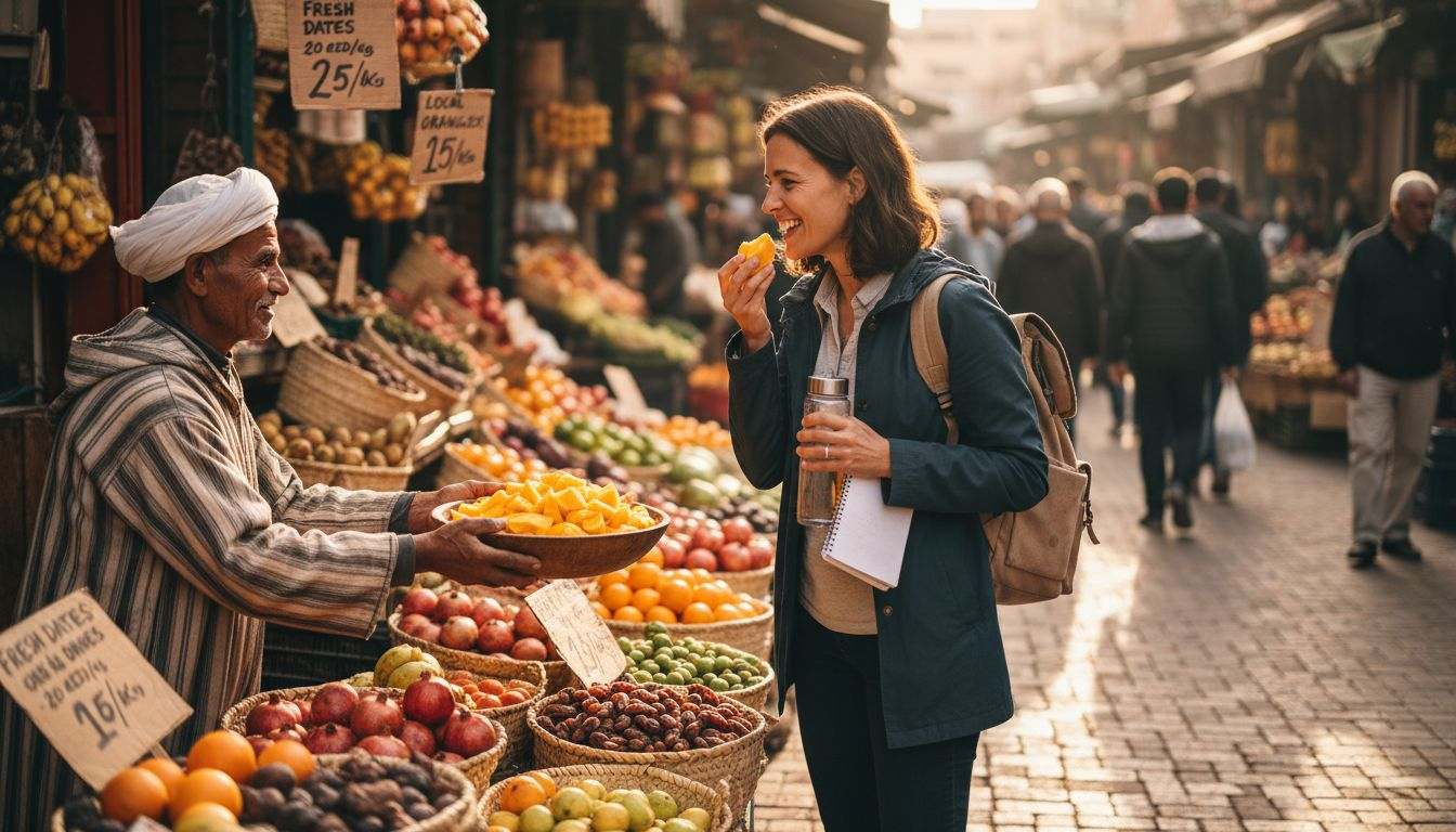 Woman tasting fruit in Marrakesh market