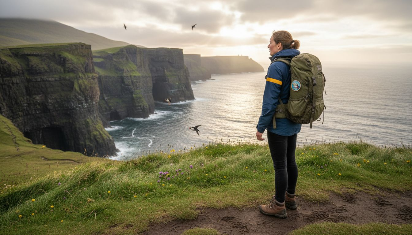 Traveler overlooking remote scenic coastline
